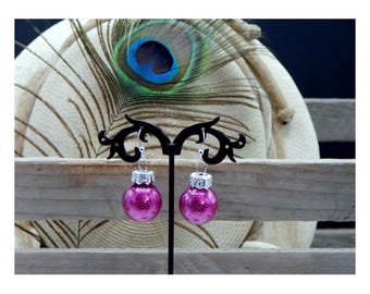 Beautiful Vintage Glittered Deep Fuschia Victorian Christmas Blown Glass Ornament High Fashion Drop Earrings - 31272
