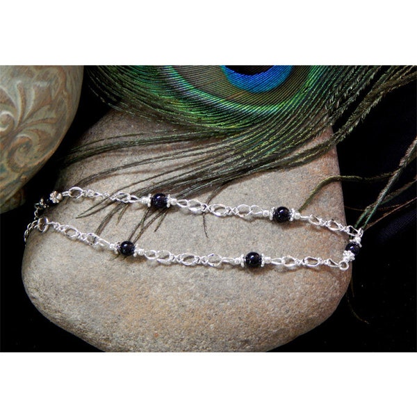 Elegant Sterling Silver Flat Figure 8 Filigree Black Onyx Gemstone Adjustable Anklet