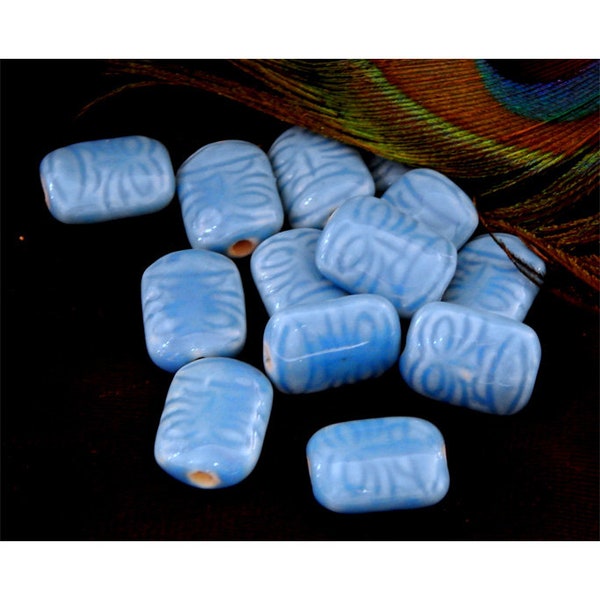 Glazed Porcelain Hawaiian Inspired Puffed Rectangle Beads - Smooth Polished Finish - Turquoise