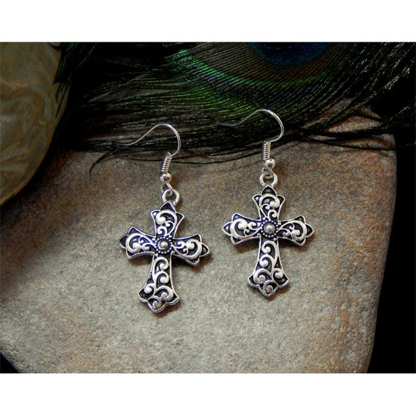 Brighton Inspired Polished Silver And Black Enameled Raised Filigree Swirl Cross Fashion Drop Earrings - 30266