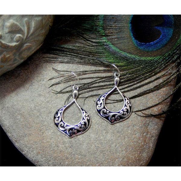 Brighton Inspired Filigree Accented Polished Silver Open Chevron Designed Fashion Drop Earrings - 30278