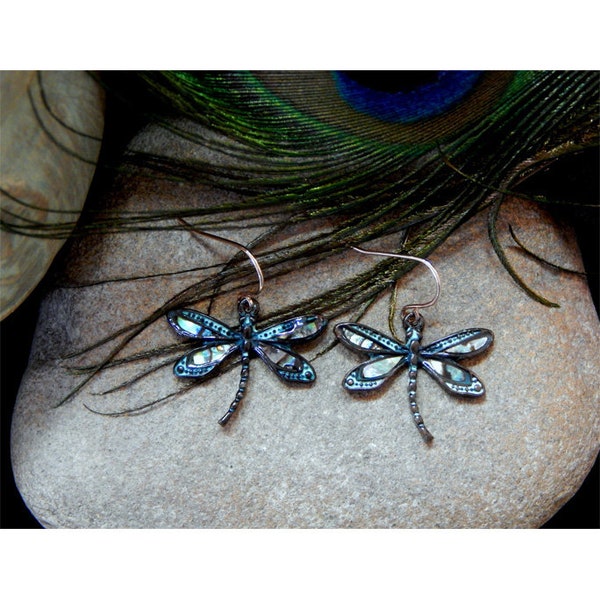 Art Nouveau Patina Finished Copper Dragonfly Fashion Earrings With Inlaid Natural Abalone Shell - PIERCED ONLY - 30460