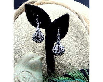 Beautiful Brighton Inspired Filigree Floral Swirled Elongated Polished Silver Teardrop High Fashion Earrings - PIERCED ONLY - 31990