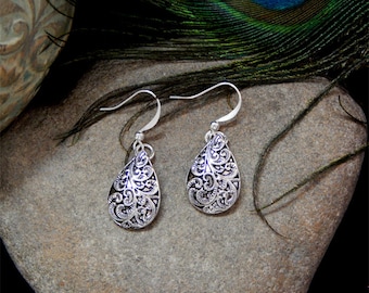 Brighton Inspired Antique Silver Fancy Filigree Floral Swirled Teardrop High Fashion Earrings - 30814