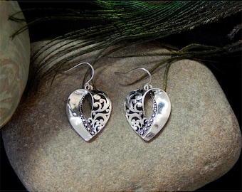 Brighton Inspired Silver Hammered Filigree Floral Open Heart High Fashion Drop Earrings - 30433
