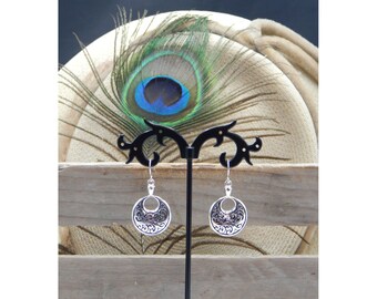 Brighton Inspired Polished Antique Silver and Filigree Accented Open Crescent High Fashion Drop Earrings - 31141