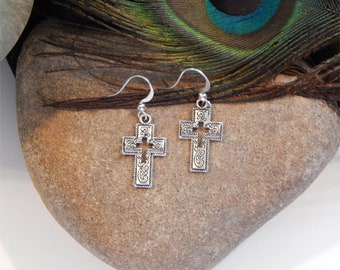 Brighton Inspired Polished Silver Dainty Filigree Embellished Double Open Cross High Fashion Drop Earrings - 32252