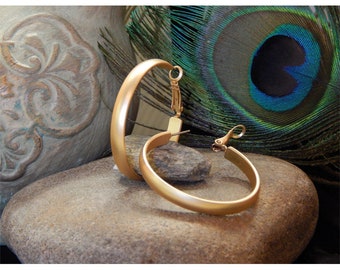 Beautiful Art Nouveau Inspired Deep Matte Gold Finished Flip Leverback  - 1 1/2 Inch Fashion Hoop Earrings - 31055
