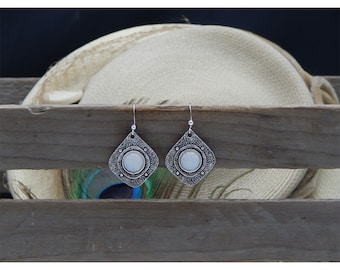 Antique Burnished Silver Geometric Abstract Embellished Natural Moonstone Gemstone Rounded Diamond Fashion Earrings - 32810