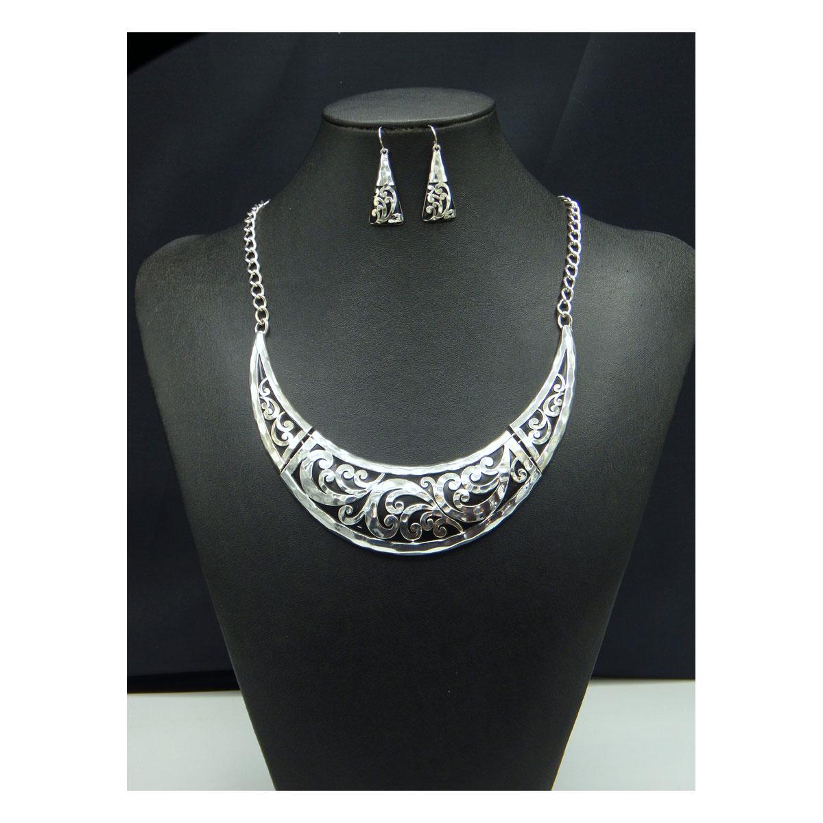 Brighton Inspired Elegant Polished Antique Matte Silver Filigree Statement Necklace With Hammered Accents - Necklace Set - INCLUDES EARRINGS