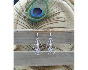 Brighton Inspired Antique Silver Geometric Open Filigree Oval Capped Long Teardrop Fashion Earrings - 30339