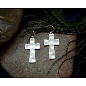 Bohemian Inspired Matte Finished Hammered Silver Statement Cross Fashion Drop Earrings - 30645