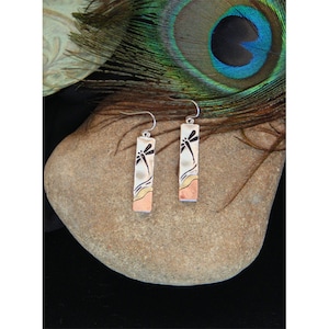 Folk Art Inspired Dragonfly Elongated Hammered Silver, Gold And Copper Accented High Fashion Drop Earrings - 31892