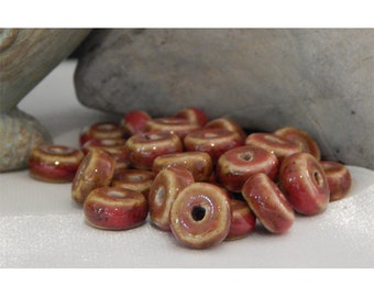 Handcrafted Glazed Porcelain Barn Red & Tan Spacer Rondelle Beads - Smooth Finish
