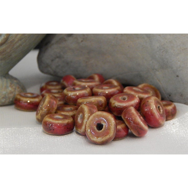 Handcrafted Glazed Porcelain Barn Red & Tan Spacer Rondelle Beads - Smooth Finish