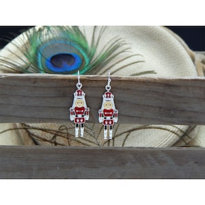 Christmas Folk Art Hand Enameled Multi-Colored Antique Silver Crystal Studded Christmas Toy Soldier Fashion Earrings - 32854