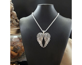 Brighton Inspired Polished Antique Silver Fancy Filigree & Swarovski Crystal Accented Angel Wing Fashion Pendant Necklace Set - 40028