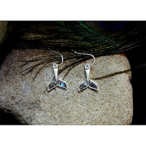 Dainty High Polished Silver Framed Natural Inlaid Abalone Shell "Whale's Tail"  Fashion Drop Earrings - 31277