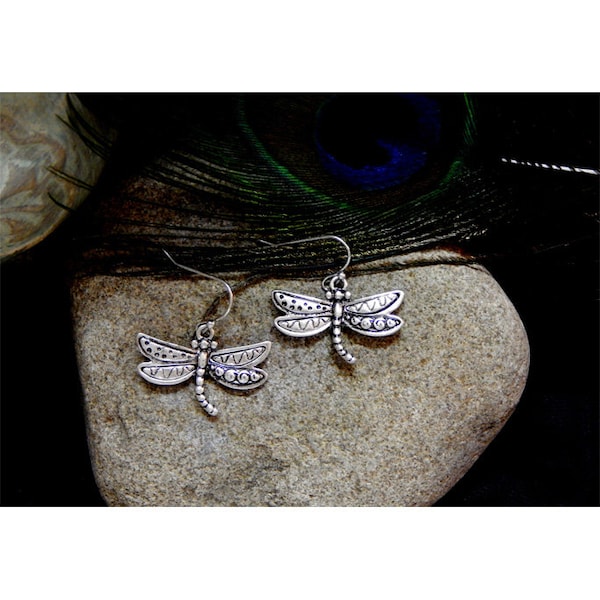Beautiful Artisan Created Antique Burnished Silver Geometric Abstract Embellished Dragonfly Fashion Drop Earrings - 31216