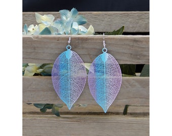 Art Nouveau Inspired "Rainbow Hues" Matte Finished Featherlite Silver Long Leaf High Fashion Earrings - 32361