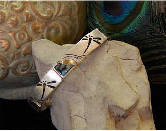 Folk Art Inspired Dragonfly Elongated Hammered Silver and Gold Accented Bracelet With Inlaid Natural Abalone Shell - 30310