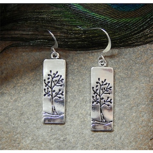Folk Art Inspired Elongated Hammered Silver and Enameled  "Tree Of Life" Fashion Drop Earrings - 30207
