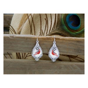 Brighton Inspired Polished Silver & Floral Filigree Accented "Spoon" With Red Hand Enameled Cardinals Fashion Earrings - 31453 image 2