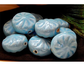 Glazed Porcelain Raised Sunburst Designed Beads - Smooth Finish - Deep Turquoise
