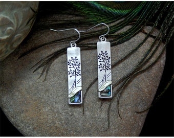 Folk Art Inspired "Tree Of Life"  Elongated Hammered Silver and Gold Accented Long Fashion Earrings With Inlaid Natural Abalone Shell