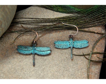 Folk Art Inspired Patina Finished Burnished Antique Copper "Dragonflies In Flight" High Fashion Drop Earrings - 30582