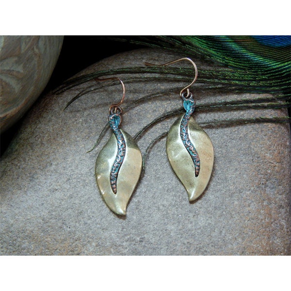 Hammered Antique Burnished Gold Leaf Fashion Drop Earrings With Patina Finished Copper Accents - PIERCED ONLY - 30669