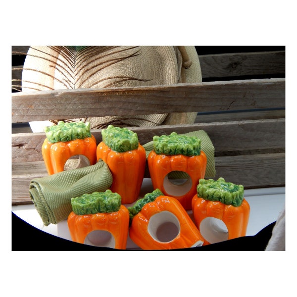 Festive Vintage "Spring Celebration" Ceramic Hand Painted Carrot Napkin Ring Holders - Set Of 6