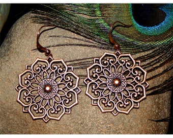 Beautiful Bohemian Inspired Open Burnished Copper Rose Fashion Drop Earrings - 30214