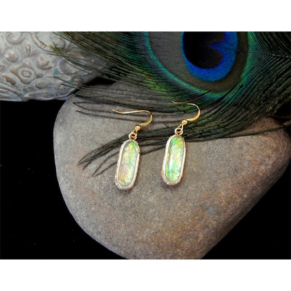 Elegant 14kt Gold Framed Pearlized Pale Aurora Borealis Elongated Rectangular Puffed Fire Opal Drop Earrings - 31407