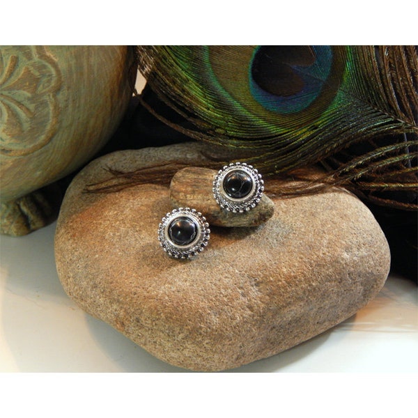 Brighton Inspired Antique Silver Fancy "Bumpy" Framed Natural Round Onyx Gemstone Fashion Post Earrings - PIERCED ONLY - 32232