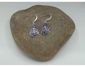 Brighton Inspired Antique Silver Fancy Filigree Floral Swirled Teardrop Fashion Earrings - 32661