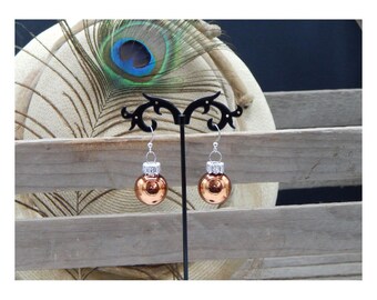 Beautiful Vintage Mirrored Metallic Bronze Victorian Christmas Blown Glass Ornament High Fashion Drop Earrings - 31266