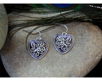 Brighton Inspired Opaque Black Enamel Accented Antique Silver & Floral Filigree Swirled Heart Drop Earrings - 30489