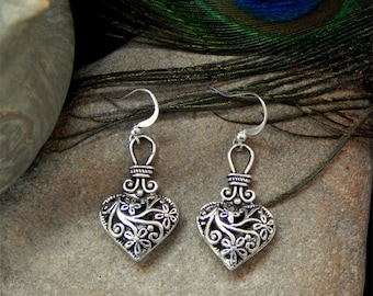 Brighton Inspired Open Filigree Floral Accented Puffed Heart High Fashion Drop Earrings - 30574