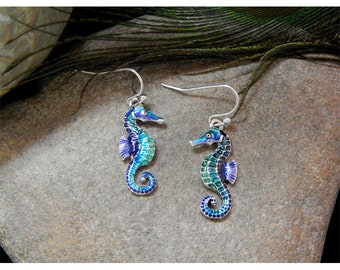 Seashore Collection - Beautiful Polished Silver Aquamarine, Purple & Teal Enameled Seahorse Fashion Drop Earrings - 30889