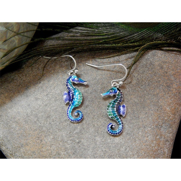 Seashore Collection - Beautiful Polished Silver Aquamarine, Purple & Teal Enameled Seahorse Fashion Drop Earrings - 30889