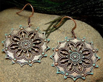 Bohemian Inspired Patina Accented Antique Copper Open Floral Designed Fashion Drop Earrings - PIERCED ONLY - 30095