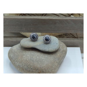 May include: A pair of silver stud earrings with black stone accents. The stones have a marbled pattern.