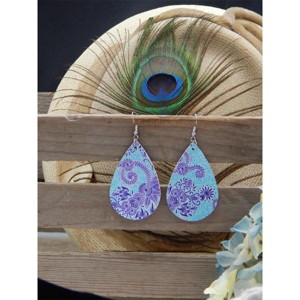 Shabby Chic Teal & Purple Featherlite Leather Floral Paisley Embellished Long Teardrop High Fashion Earrings - PIERCED ONLY - 30430