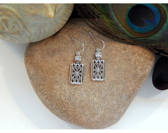 Brighton Inspired Elegant Polished Antique Silver Open Filigree Dainty Elongated Rectangle Fashion Earrings - 32333