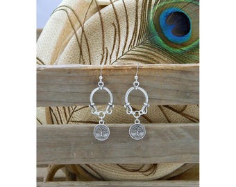 Artisan Antique Matte Silver Horseshoe Frame Drop "Tree Of Life" Long Fashion Earrings - 31499