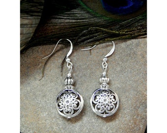 Brighton Inspired Antique Silver Open Filigree Swirl Burst Designed Fashion Earrings With Fancy Ribbon Cap Accents - 30879