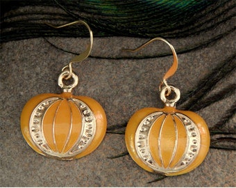 Fall Pumpkin Fun - Orange Hand Enameled High Polished Golden Framed Pumpkin Fashion Drop Earrings - 30113