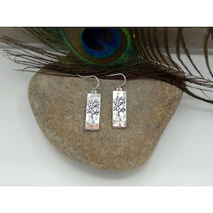 Folk Art Inspired Elongated Hammered Silver, Copper and Gold Enameled  &quot;Tree Of Life&quot; Fashion Drop Earrings - 32768