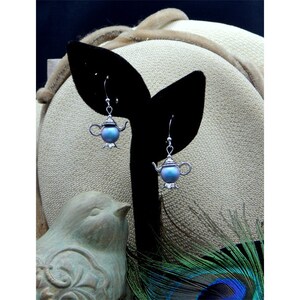 Victorian Antique Silver Embellished Teapot Capped Swarovski Aurora Borealis Sky Blue Crystal Pearl High Fashion Earrings - 31986